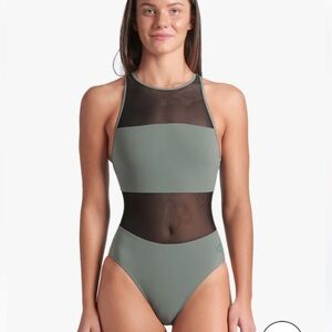 NWT! Arena Mesh Panels One Piece Swimsuit Sage Green & black Sz. L